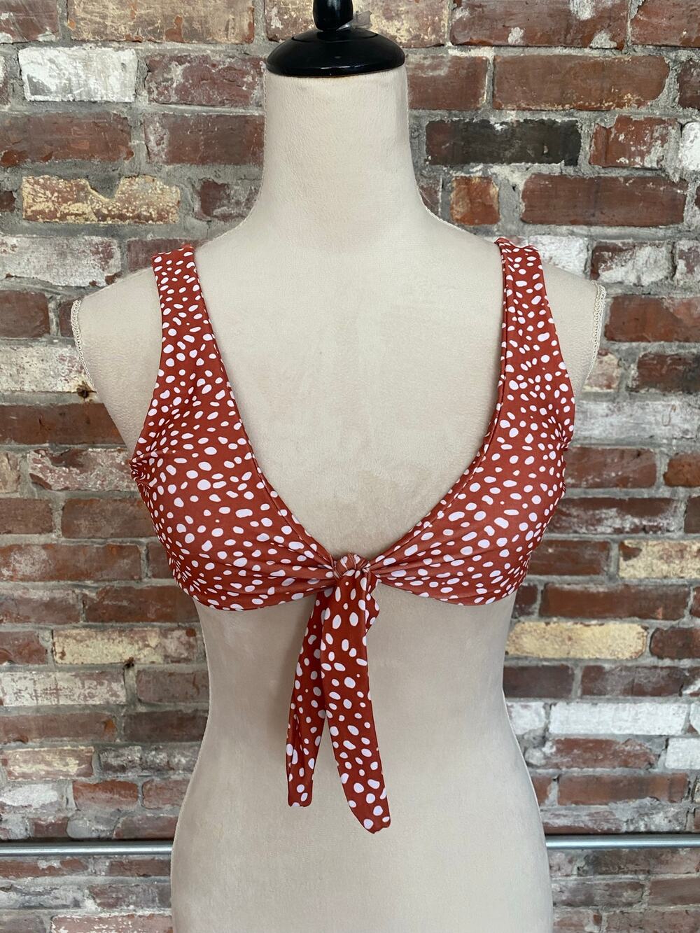 SHEIN Rust Orange Polka Dot Tie-Front Bikini Top Size XS